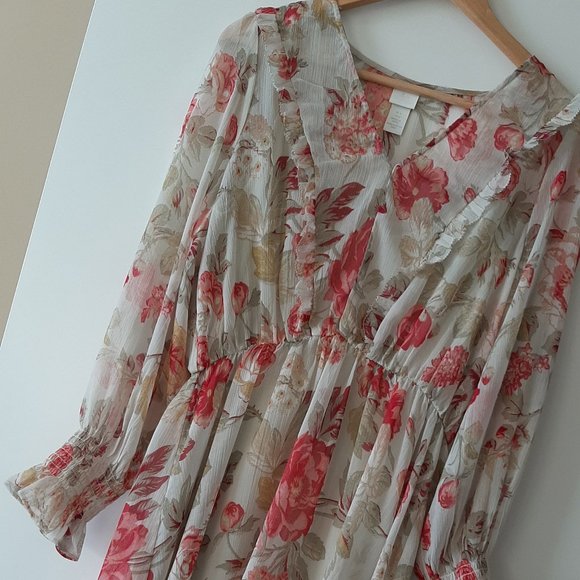 H&M V-Neck Chiffon Dress - Size 6 - Sage/Floral - Picture 2 of 5